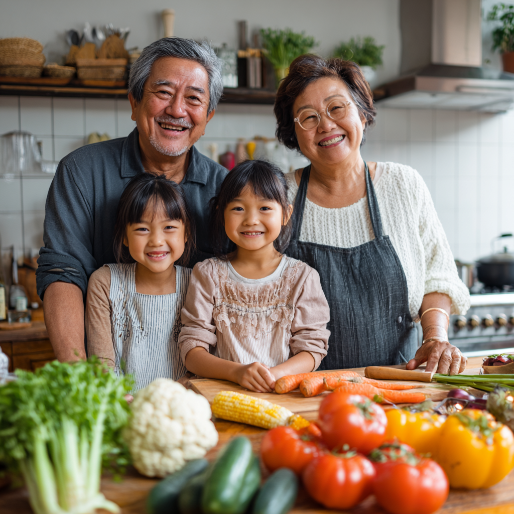 Oʻzbek oilasi zamonaviy oshxonada ovqat rejalarini tuzishda - sog'lom mahsulotlar va muvozanatli ovqatlar bilan to'la stol atrofida
